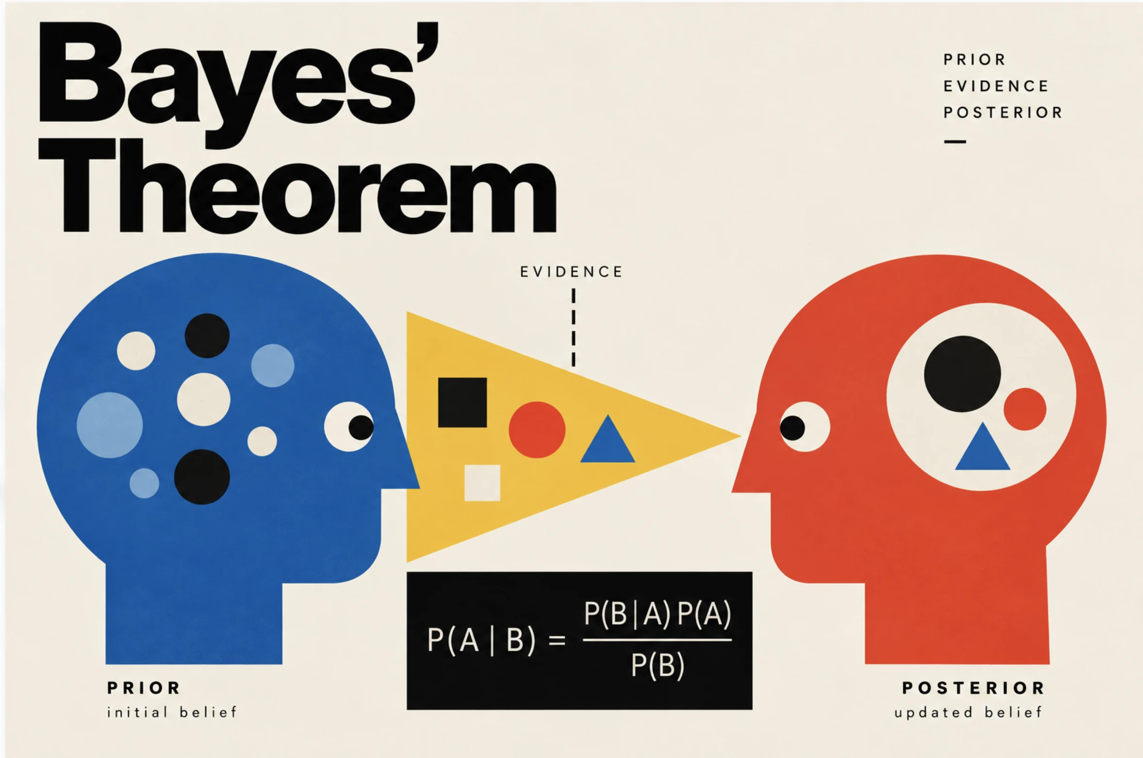 Bayes’ Theorem: a blue head for the prior, a yellow cone of evidence and a red head for the posterior