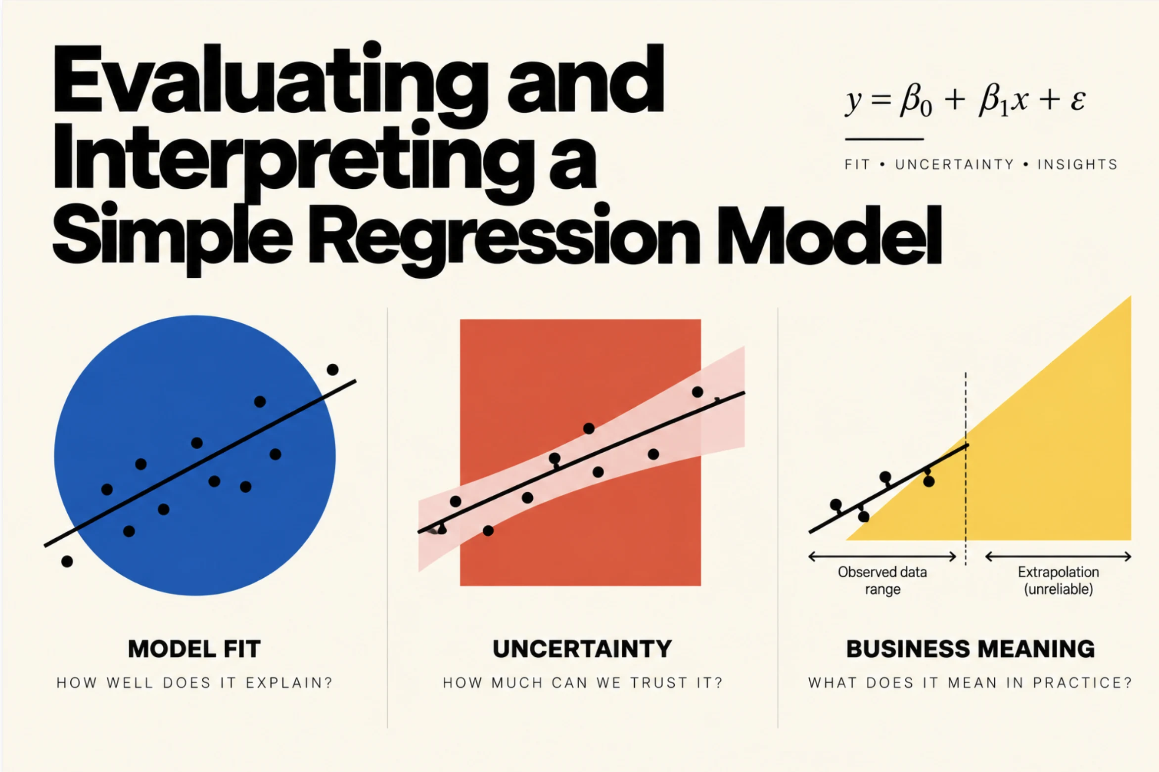 Evaluating and interpreting a regression model: a blue circle with a fitted line for model fit, a red rectangle with a confidence band for uncertainty and a yellow triangle showing extrapolation beyond the observed data range