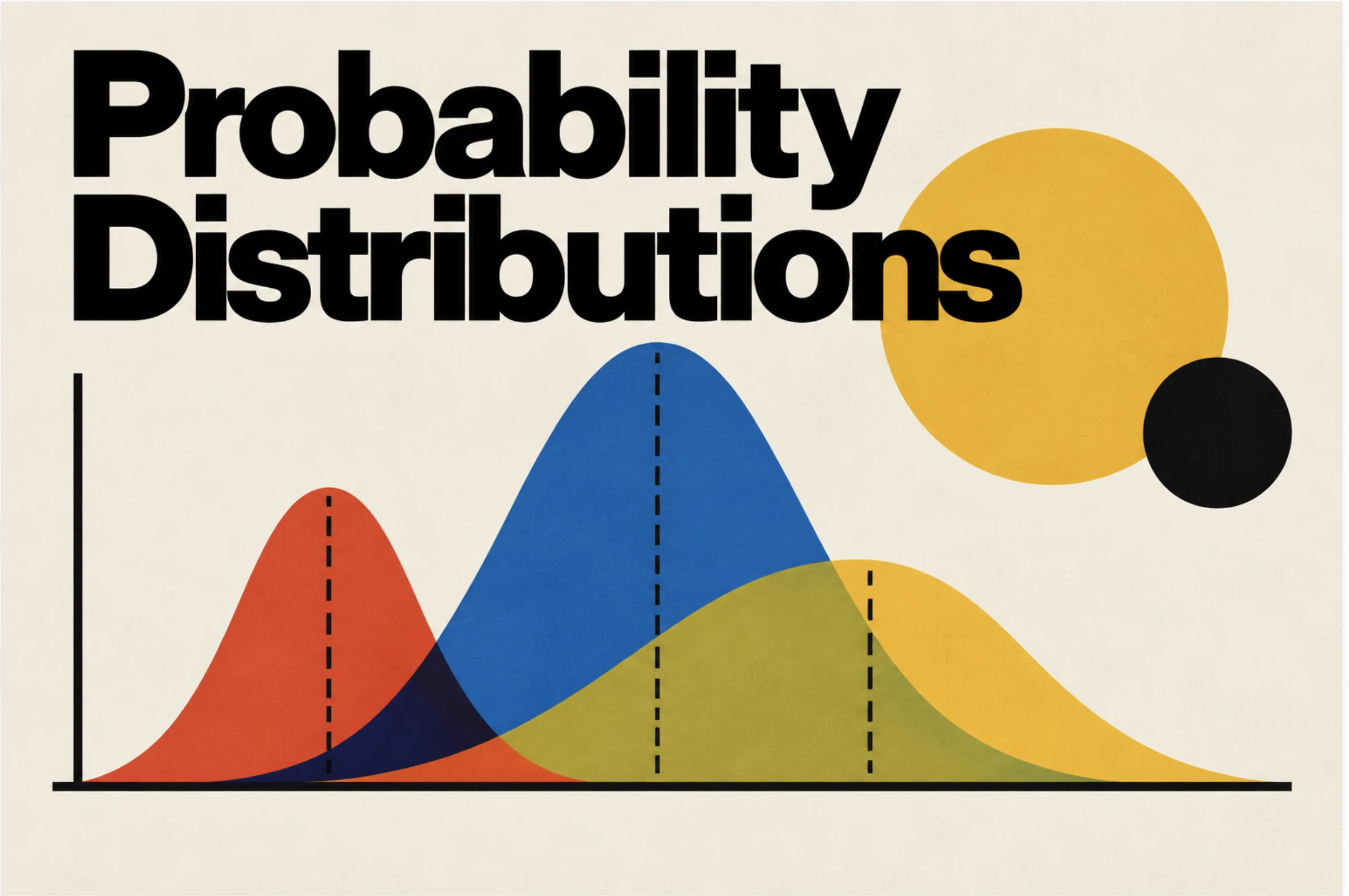Probability Distributions: three overlapping bell curves in red, blue and yellow