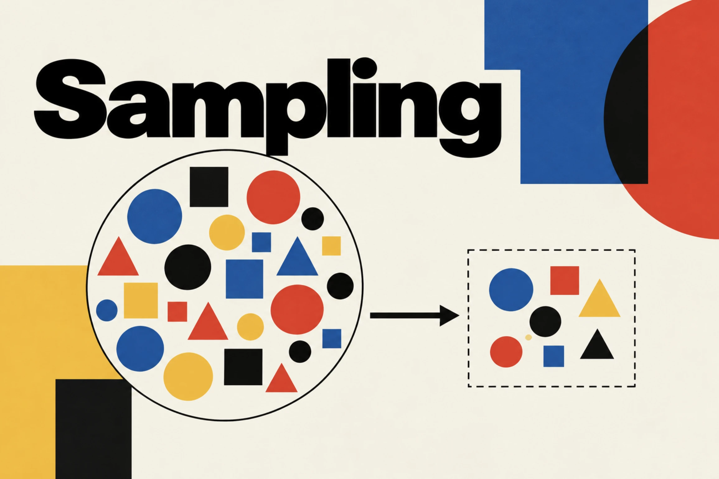 Sampling: a population of colored shapes in a circle and a small sample picked from it