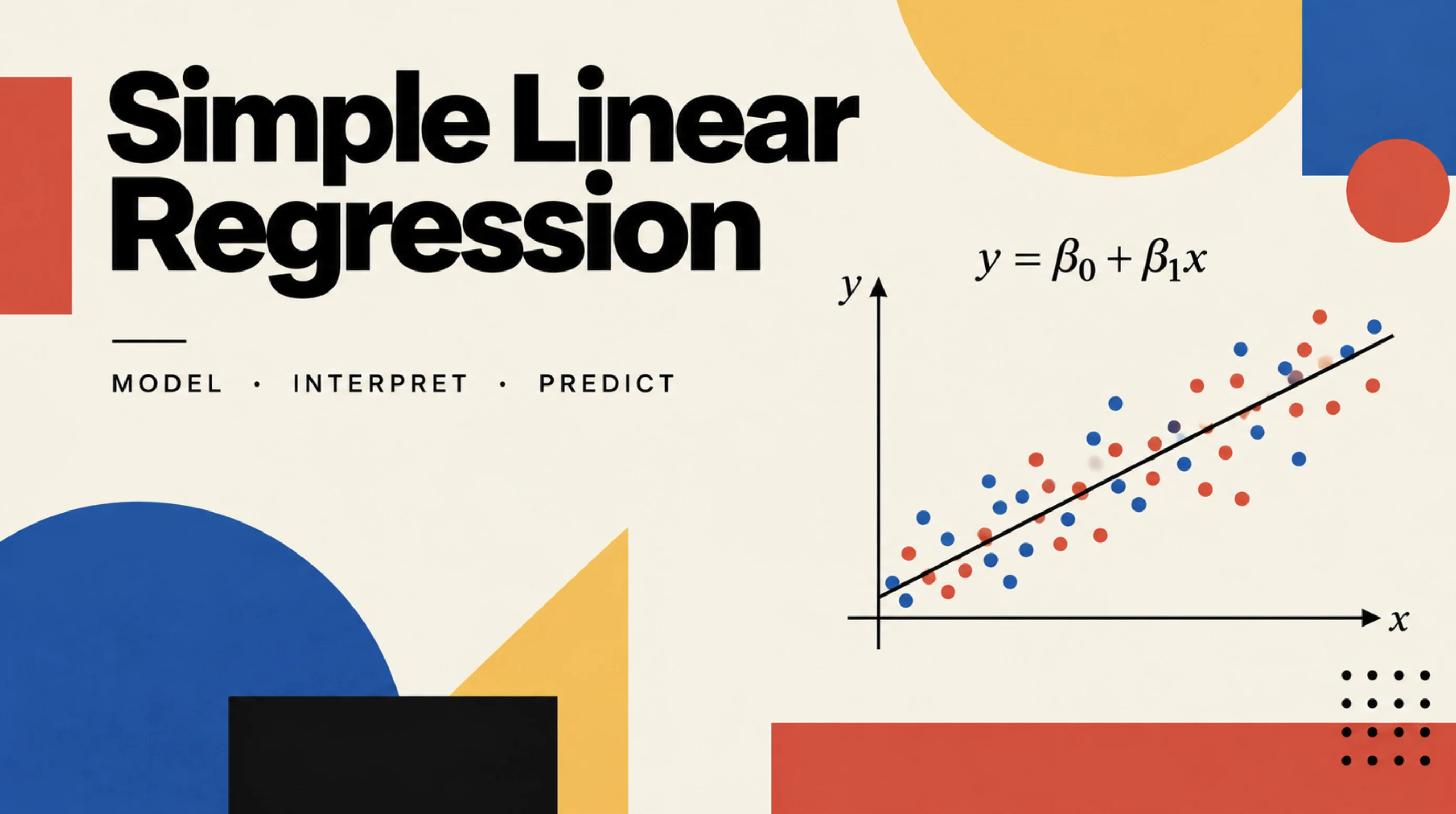 Simple Linear Regression: bold title next to a scatter plot of blue and red points with a fitted line, surrounded by yellow, blue and red geometric shapes